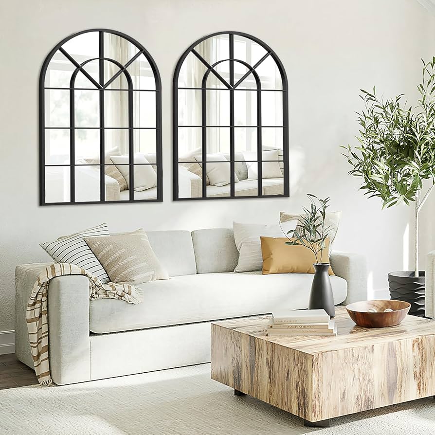 窓型ミラー 窓枠アーチ型ウィンドウミラー/ブラック縦80×横50㎝ | Maggie